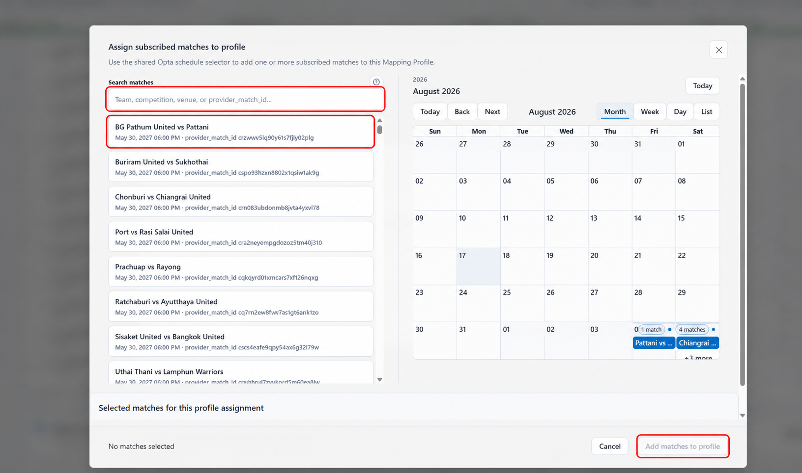 หน้าต่างเลือกการแข่งขันที่เน้นช่องค้นหา รายการแข่งขัน และปุ่ม Add matches to profile ด้วยสีแดง